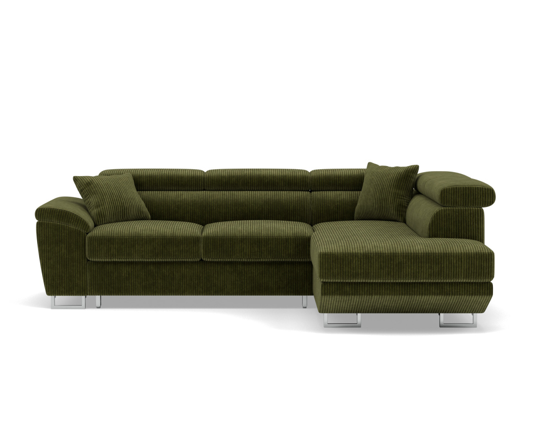 Canapé d'angle droit 5 places convertible avec têtières et coffre en velours côtelé Baoji
