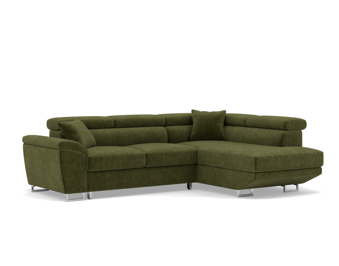Canapé d'angle droit 5 places convertible avec têtières et coffre en velours côtelé Baoji