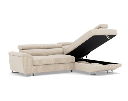 Canapé d'angle droit 5 places convertible avec têtières et coffre en velours côtelé Baoji