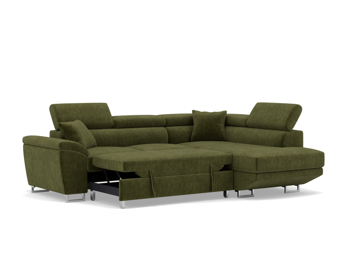 Canapé d'angle droit 5 places convertible avec têtières et coffre en velours côtelé Baoji