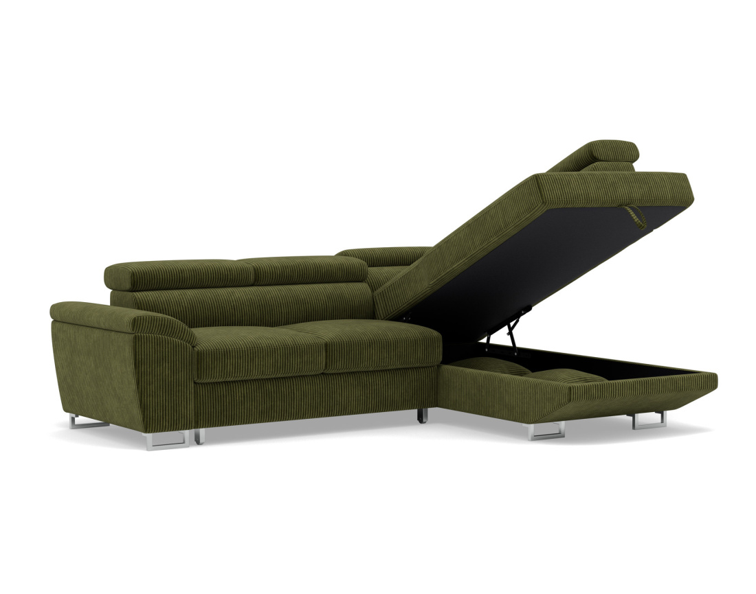 Canapé d'angle droit 5 places convertible avec têtières et coffre en velours côtelé Baoji