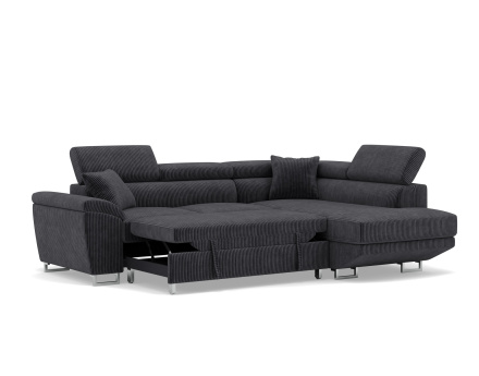 Canapé d'angle droit 5 places convertible avec têtières et coffre en velours côtelé Baoji