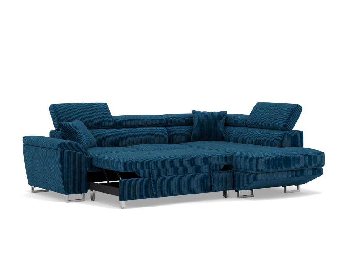 Canapé d'angle droit 5 places convertible avec têtières et coffre en velours côtelé Baoji