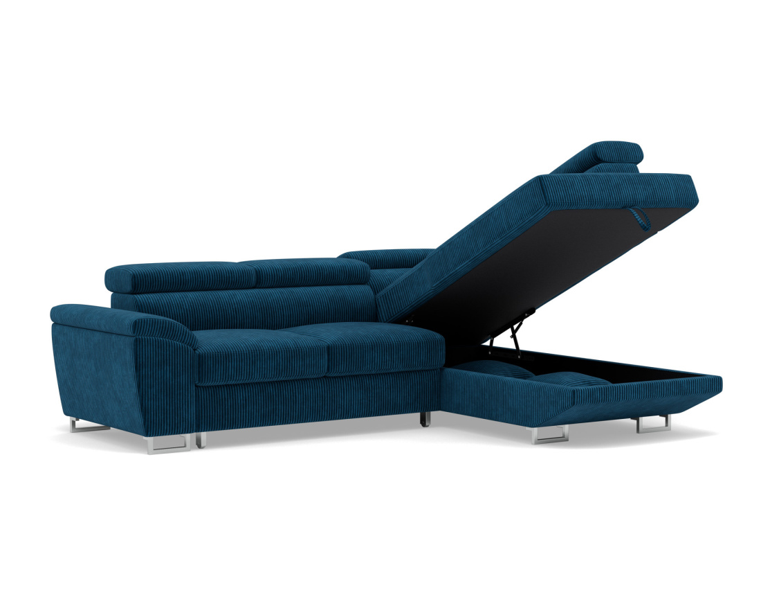 Canapé d'angle droit 5 places convertible avec têtières et coffre en velours côtelé Baoji