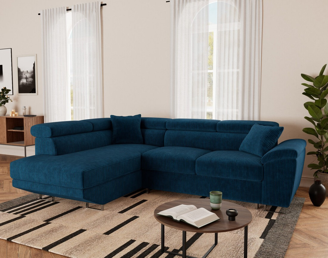 Canapé d'angle gauche 5 places convertible avec têtières et coffre en velours côtelé Baoji