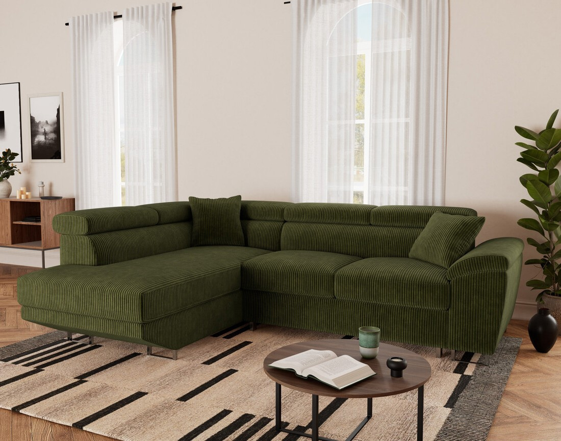 Canapé d'angle gauche 5 places convertible avec têtières et coffre en velours côtelé Baoji