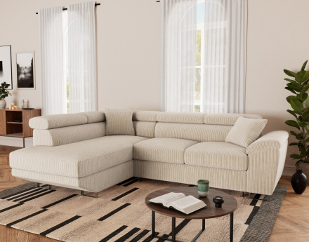 Canapé d'angle gauche 5 places convertible avec têtières et coffre en velours côtelé Baoji