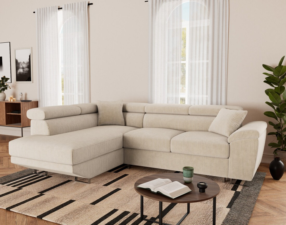 Canapé d'angle gauche 5 places convertible avec têtières et coffre en velours côtelé Baoji Canapé d'angle gauche 5 places convertible avec têtières et coffre en velours côtelé Baoji