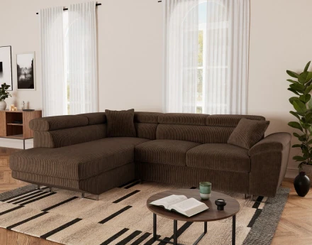 Canapé d'angle gauche 5 places convertible avec têtières et coffre en velours côtelé Baoji