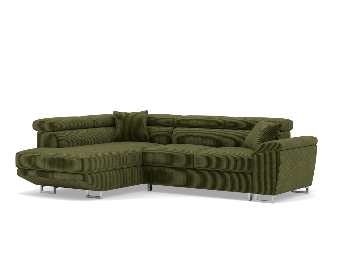 Canapé d'angle gauche 5 places convertible avec têtières et coffre en velours côtelé Baoji