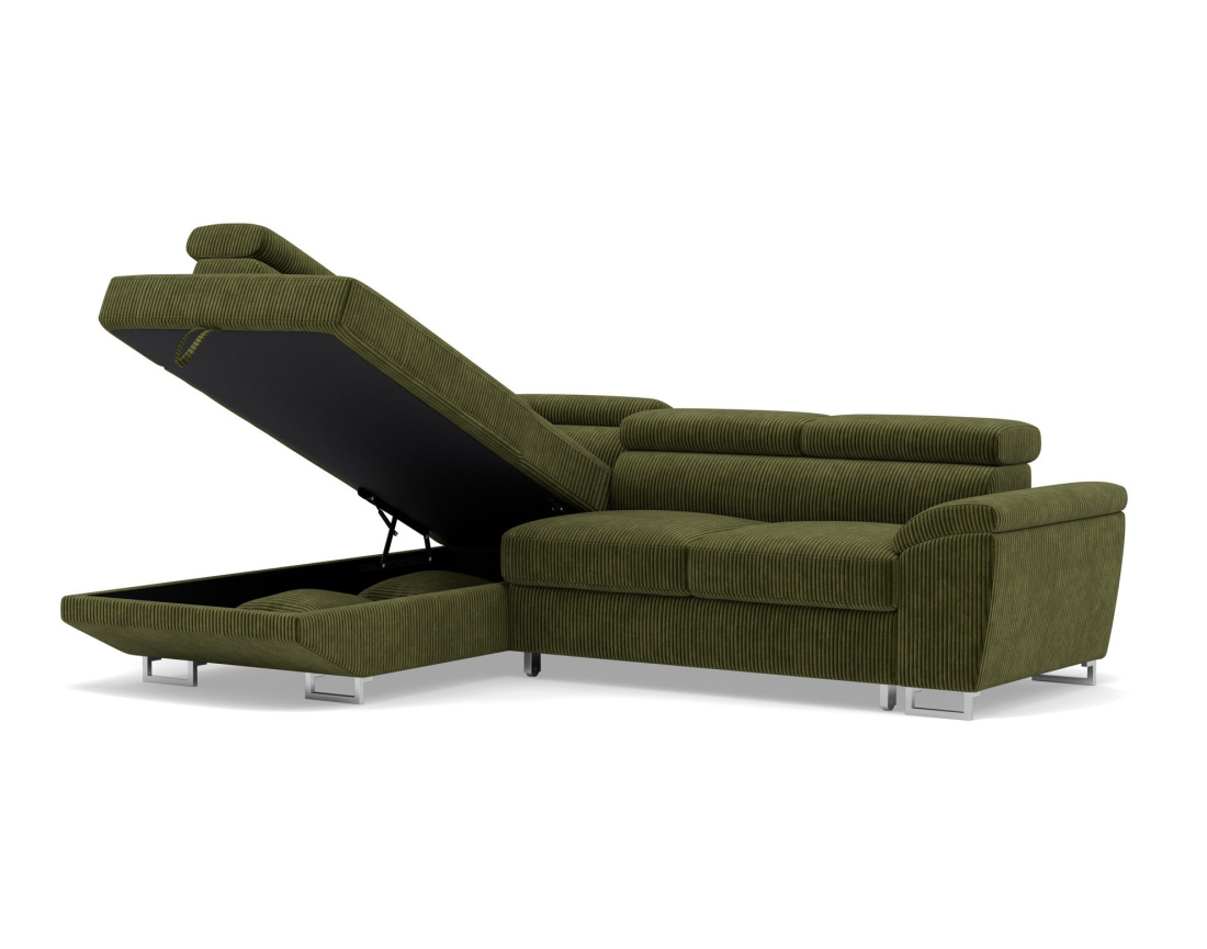 Canapé d'angle gauche 5 places convertible avec têtières et coffre en velours côtelé Baoji