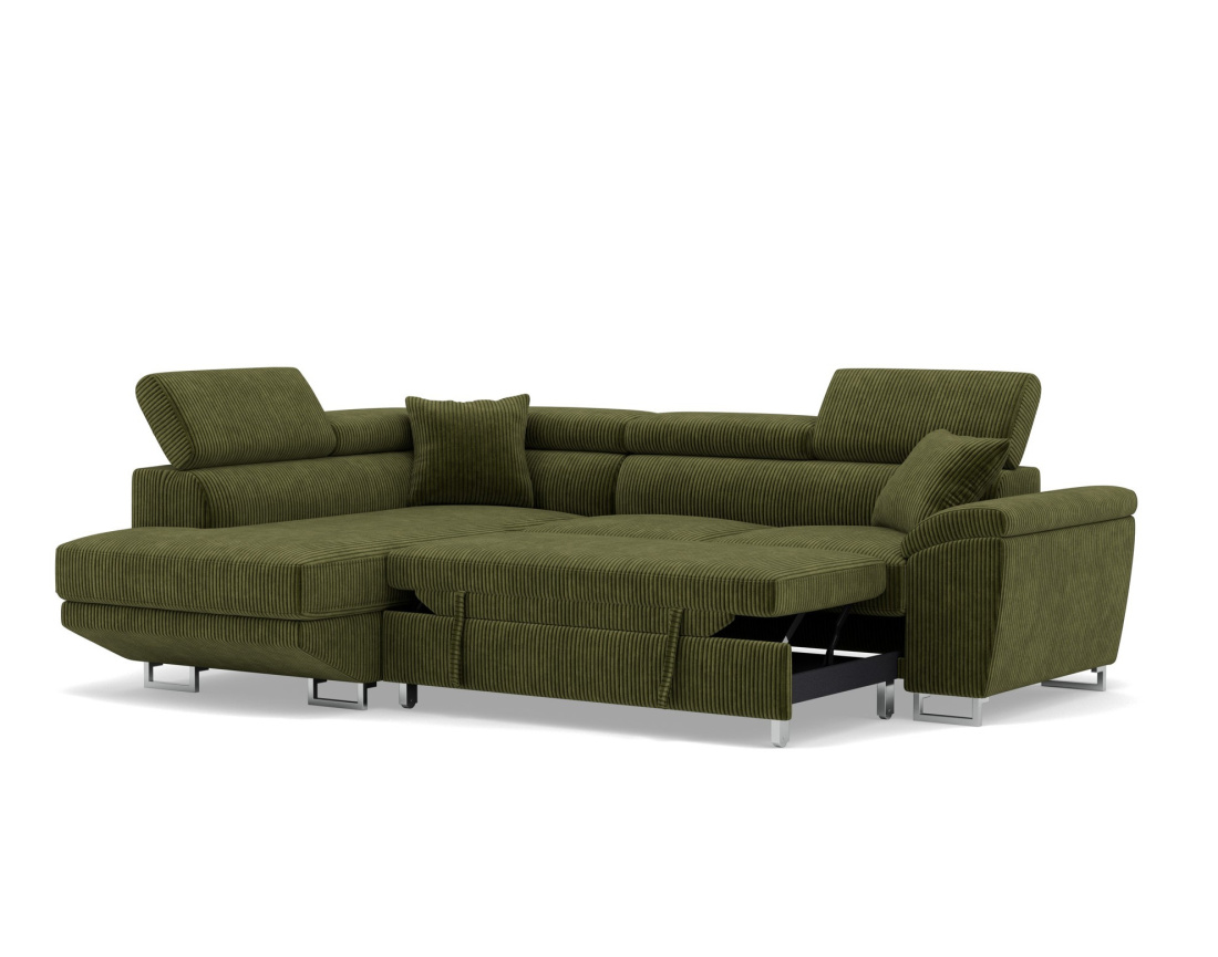 Canapé d'angle gauche 5 places convertible avec têtières et coffre en velours côtelé Baoji