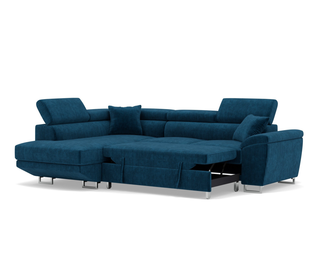 Canapé d'angle gauche 5 places convertible avec têtières et coffre en velours côtelé Baoji