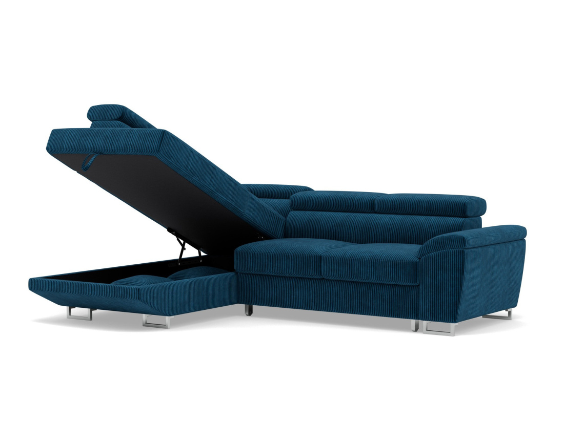 Canapé d'angle gauche 5 places convertible avec têtières et coffre en velours côtelé Baoji