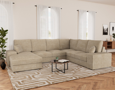 Canapé panoramique d'angle droit 7 places convertible en velours côtelé grosse côte avec coffre Lorie