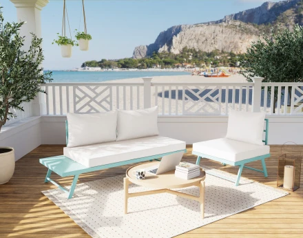 Salon de jardin 3 places modulable vert avec coussins beiges Isadora