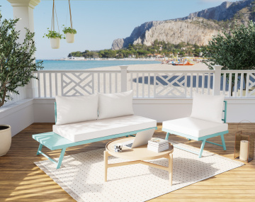 Salon de jardin 3 places modulable vert avec coussins beiges Isadora