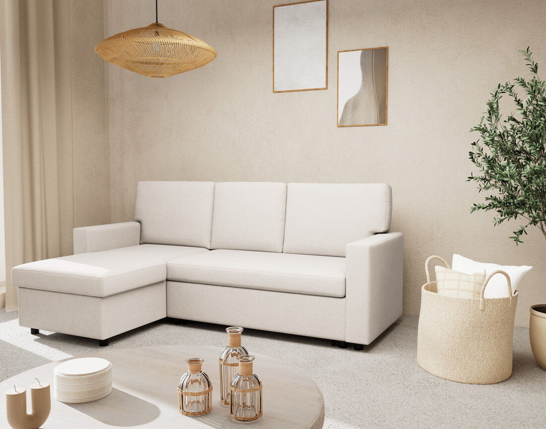 Canapé d’angle 4 places en tissu convertible avec coffre Meiya Canapé d’angle 4 places en tissu convertible avec coffre Meiya