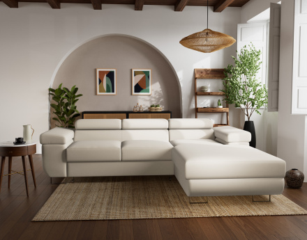 Canapé d'angle droit 6 places convertible avec coffre et têtières réglables en velours Pablo