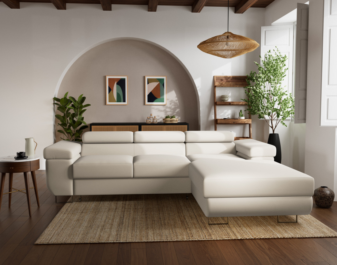 Canapé d'angle droit 6 places convertible avec coffre et têtières réglables en velours Pablo Canapé d'angle droit 6 places convertible avec coffre et têtières réglables en velours Pablo