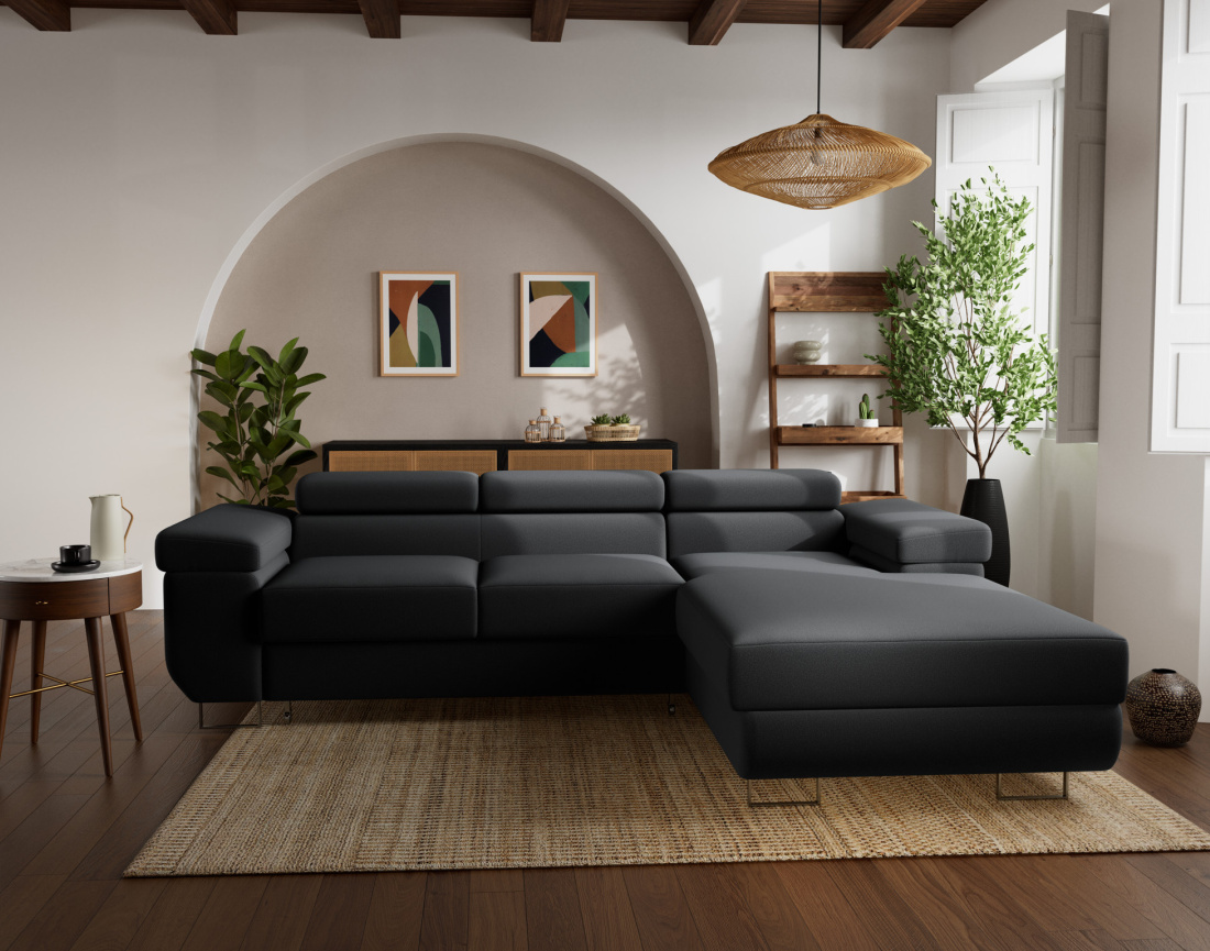 Canapé d'angle droit 6 places convertible avec coffre et têtières réglables en velours Pablo