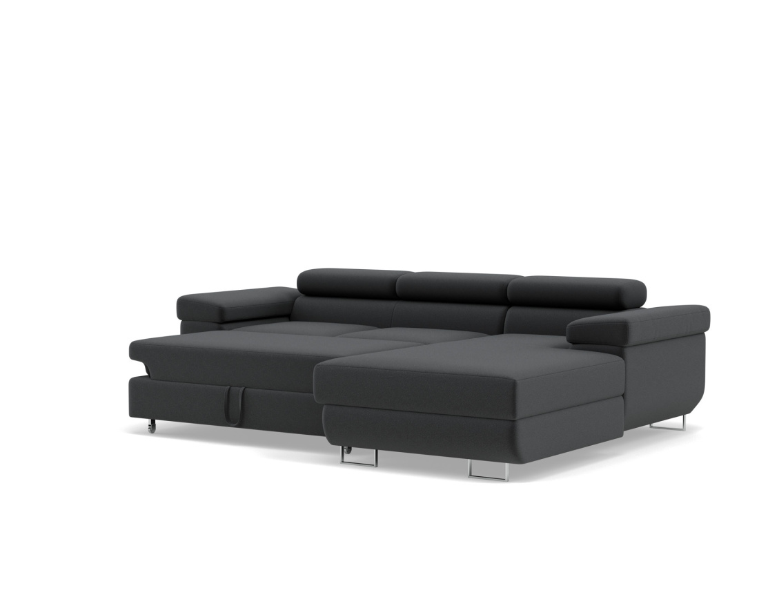 Canapé d'angle droit 6 places convertible avec coffre et têtières réglables en velours Pablo