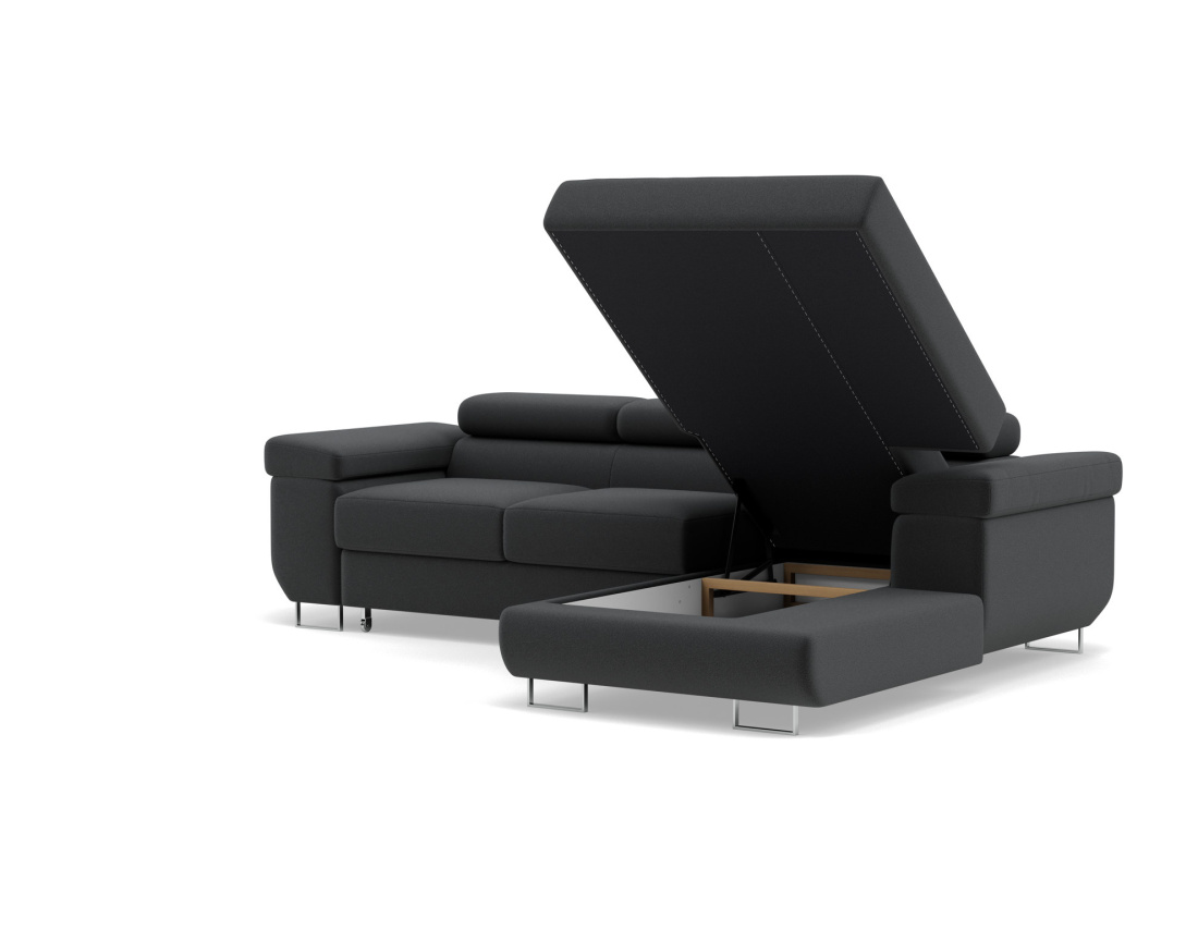 Canapé d'angle droit 6 places convertible avec coffre et têtières réglables en velours Pablo