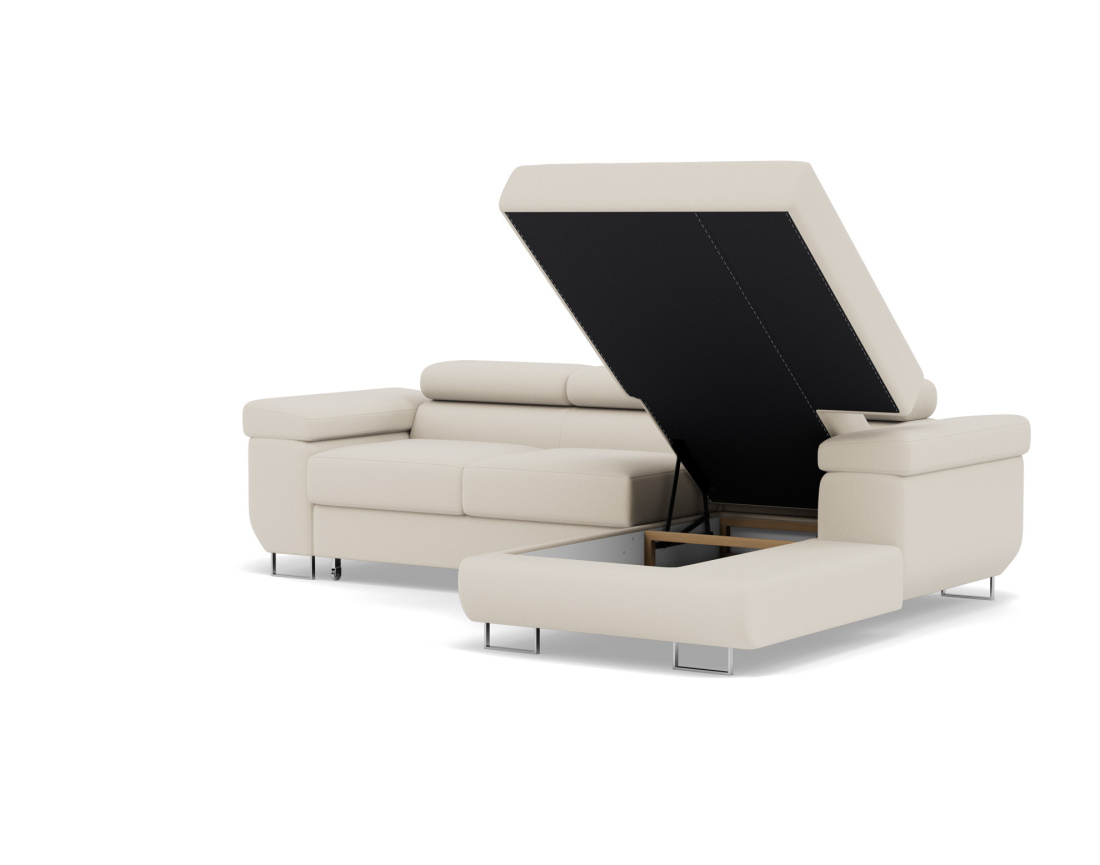 Canapé d'angle droit 6 places convertible avec coffre et têtières réglables en velours Pablo Canapé d'angle droit 6 places convertible avec coffre et têtières réglables en velours Pablo