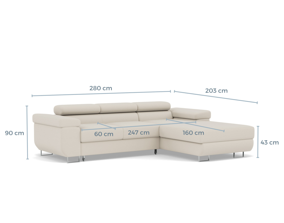 Canapé d'angle droit 6 places convertible avec coffre et têtières réglables en velours Pablo