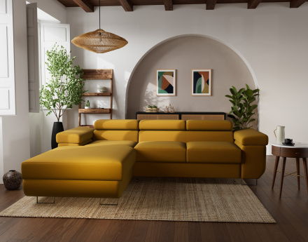 Canapé d'angle gauche 6 places convertible avec coffre et têtières réglables en velours Pablo