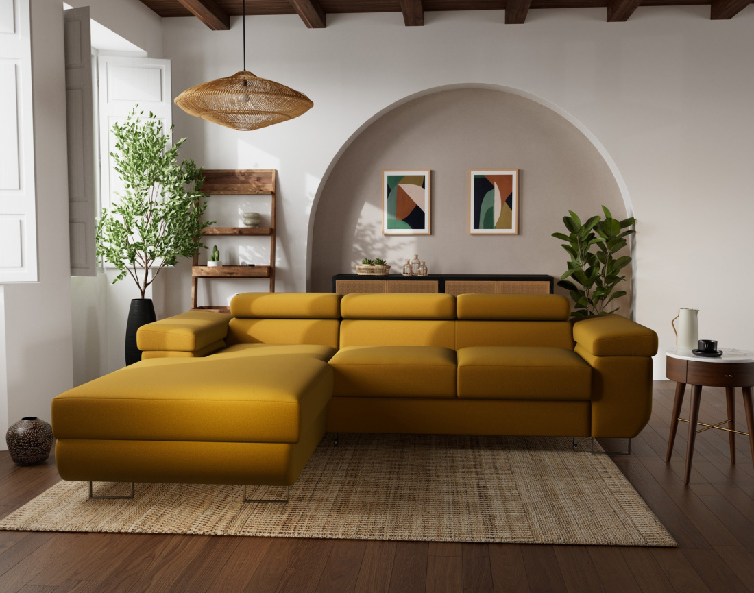 Canapé d'angle gauche 6 places convertible avec coffre et têtières réglables en velours Pablo