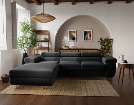 Canapé d'angle gauche 6 places convertible avec coffre et têtières réglables en velours Pablo