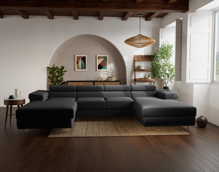 Canapé panoramique en U 7 places convertible avec coffres et têtières réglables en velours Pablo