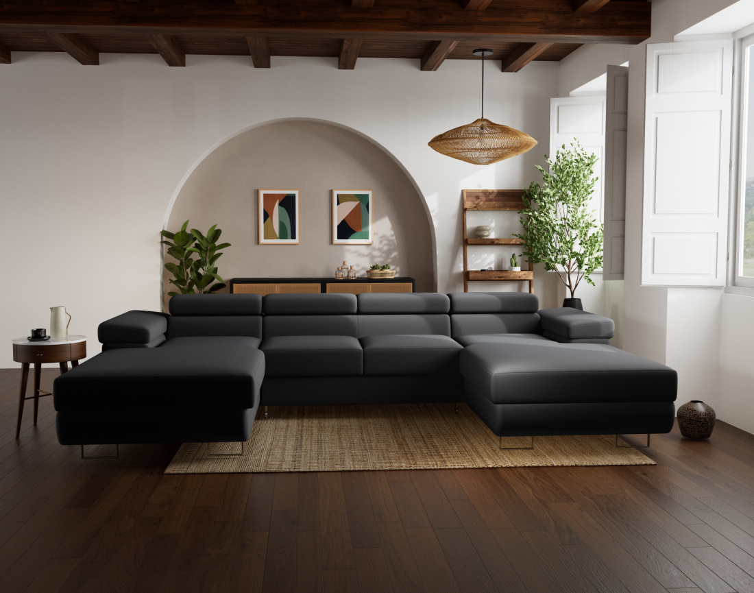 Canapé panoramique en U 7 places convertible avec coffres et têtières réglables en velours Pablo Canapé panoramique en U 7 places convertible avec coffres et têtières réglables en velours Pablo