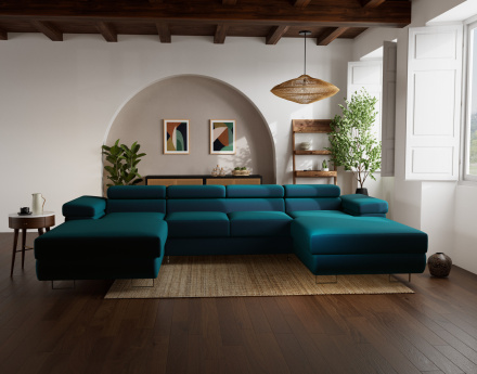 Canapé panoramique en U 7 places convertible avec coffres et têtières réglables en velours Pablo