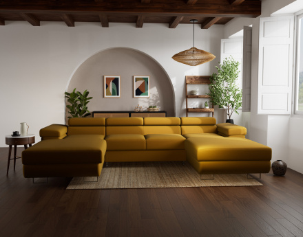 Canapé panoramique en U 7 places convertible avec coffres et têtières réglables en velours Pablo