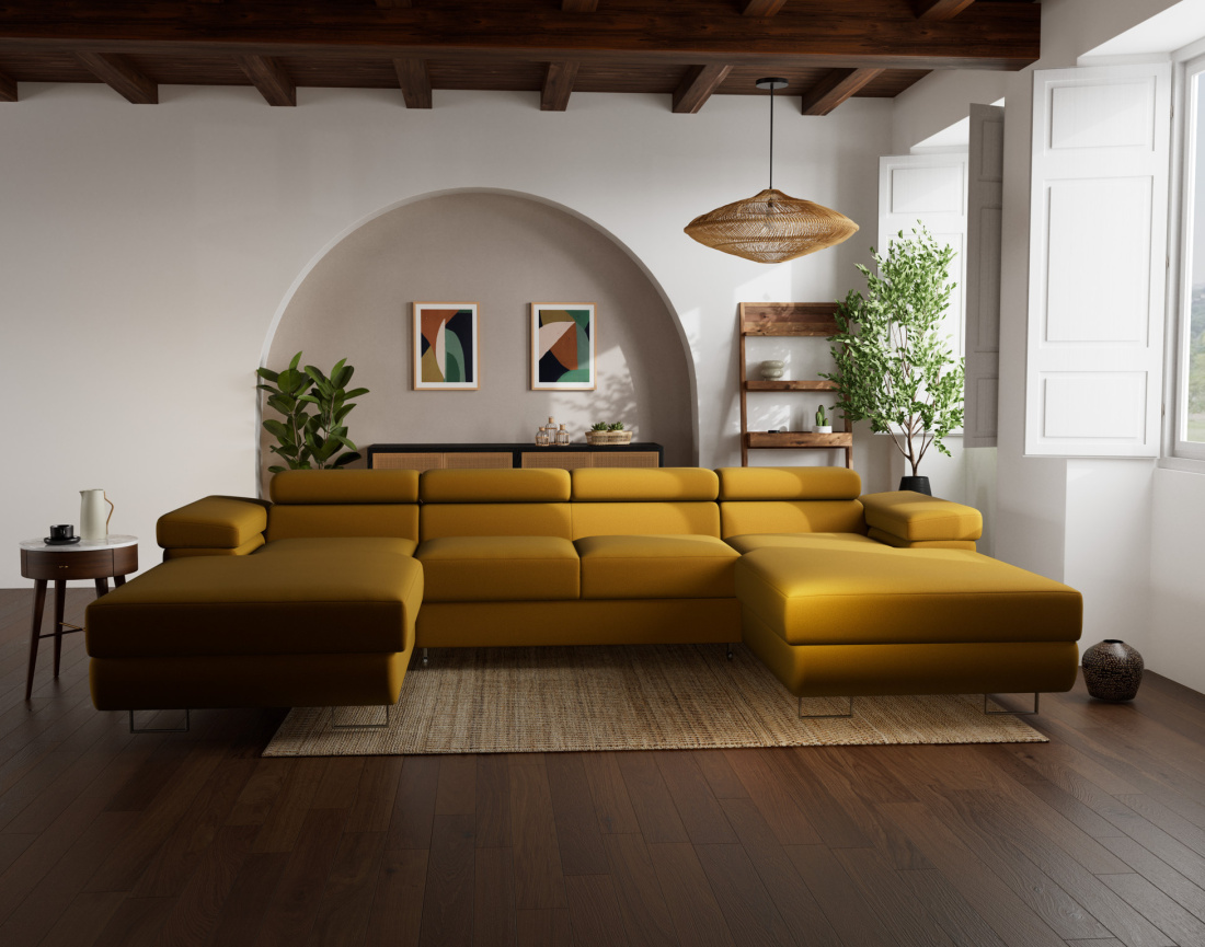 Canapé panoramique en U 7 places convertible avec coffres et têtières réglables en velours Pablo