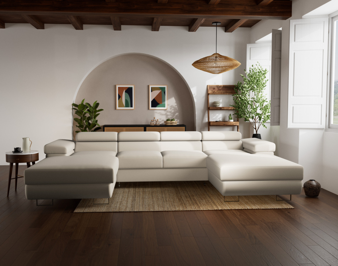 Canapé panoramique en U 7 places convertible avec coffres et têtières réglables en velours Pablo