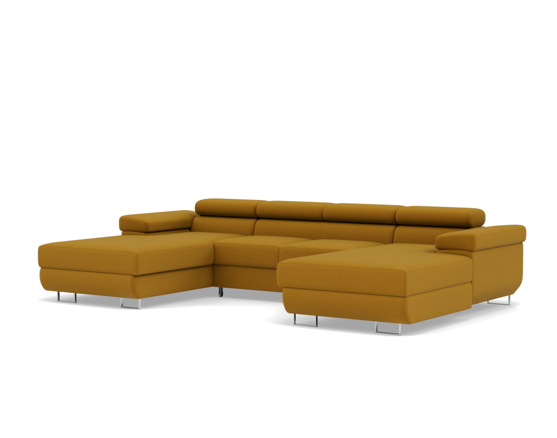 Canapé panoramique en U 7 places convertible avec coffres et têtières réglables en velours Pablo