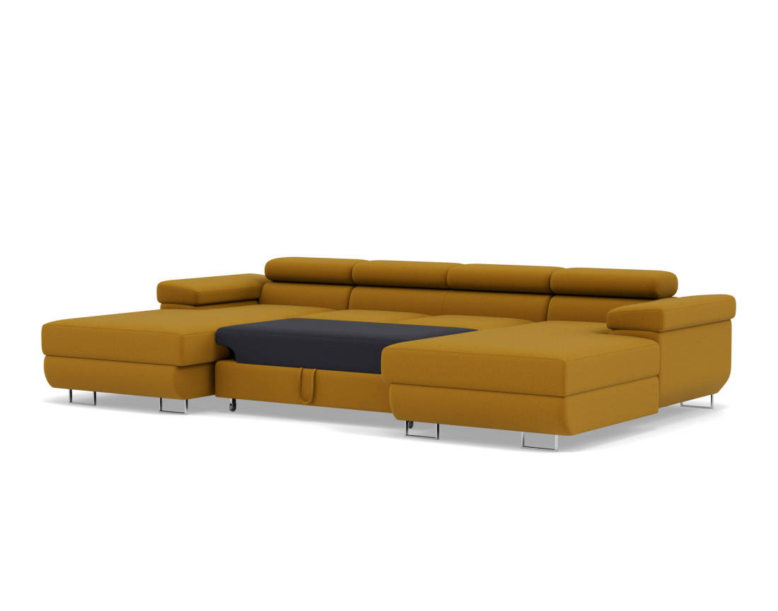 Canapé panoramique en U 7 places convertible avec coffres et têtières réglables en velours Pablo