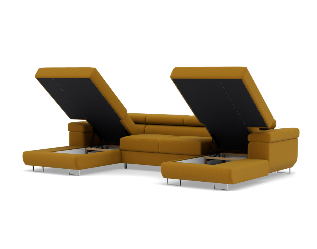 Canapé panoramique en U 7 places convertible avec coffres et têtières réglables en velours Pablo