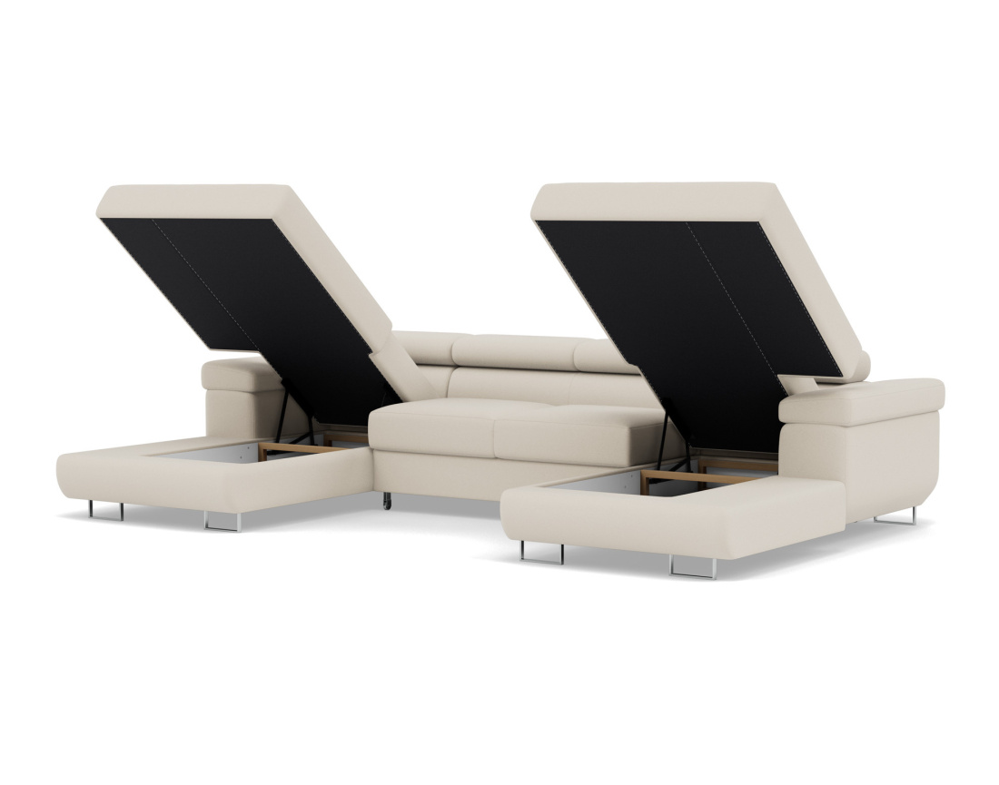 Canapé panoramique en U 7 places convertible avec coffres et têtières réglables en velours Pablo