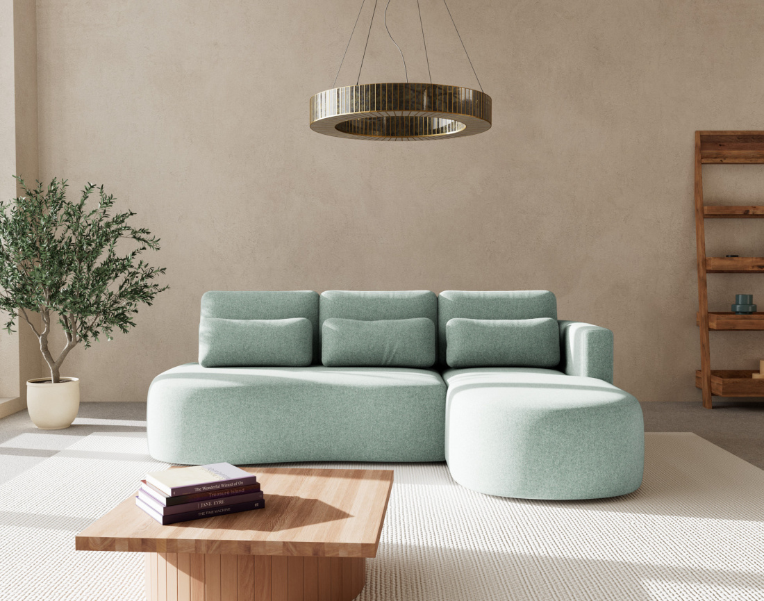 Canapé d'angle droit 4 places convertible avec coffre en tissu texturé Mahina