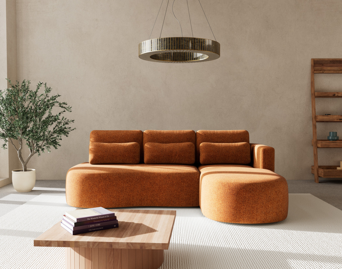 Canapé d'angle droit 4 places convertible avec coffre en tissu texturé Mahina