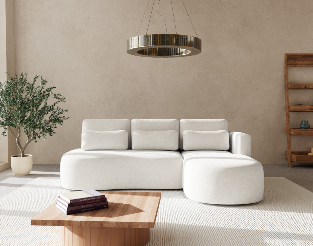 Canapé d'angle droit 4 places convertible avec coffre en tissu texturé Mahina