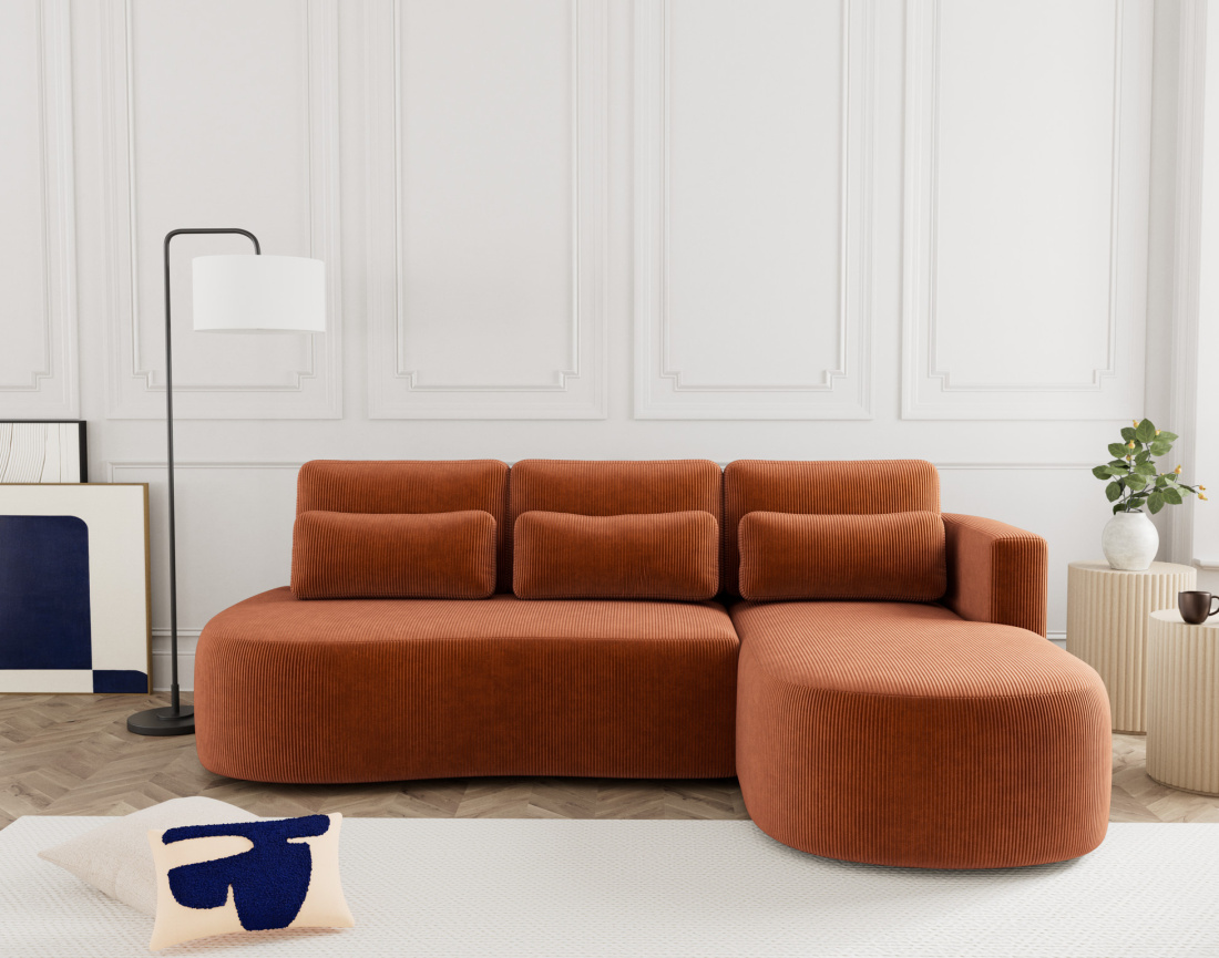 Canapé d'angle droit 4 places convertible avec coffre en velours côtelé Mahina