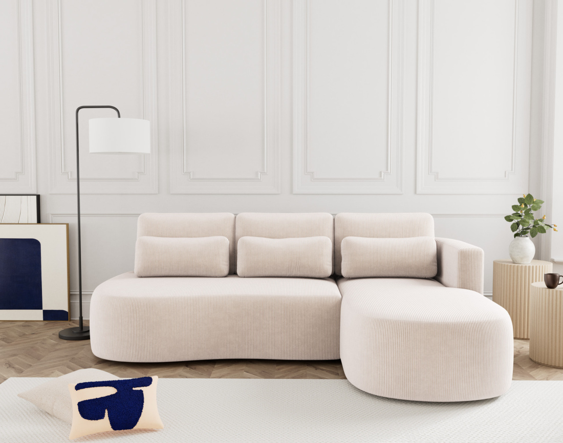 Canapé d'angle droit 4 places convertible avec coffre en velours côtelé Mahina