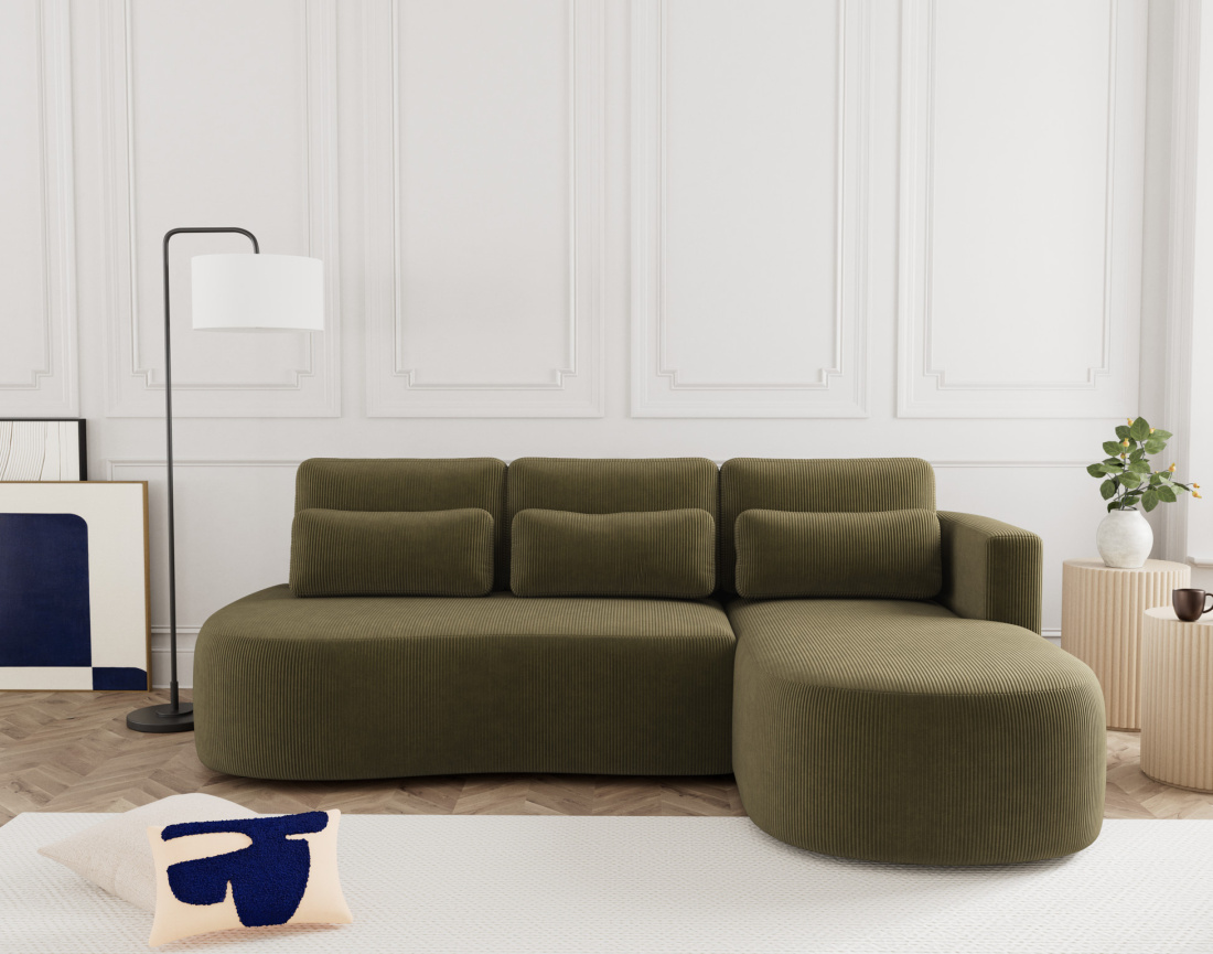 Canapé d'angle droit 4 places convertible avec coffre en velours côtelé Mahina