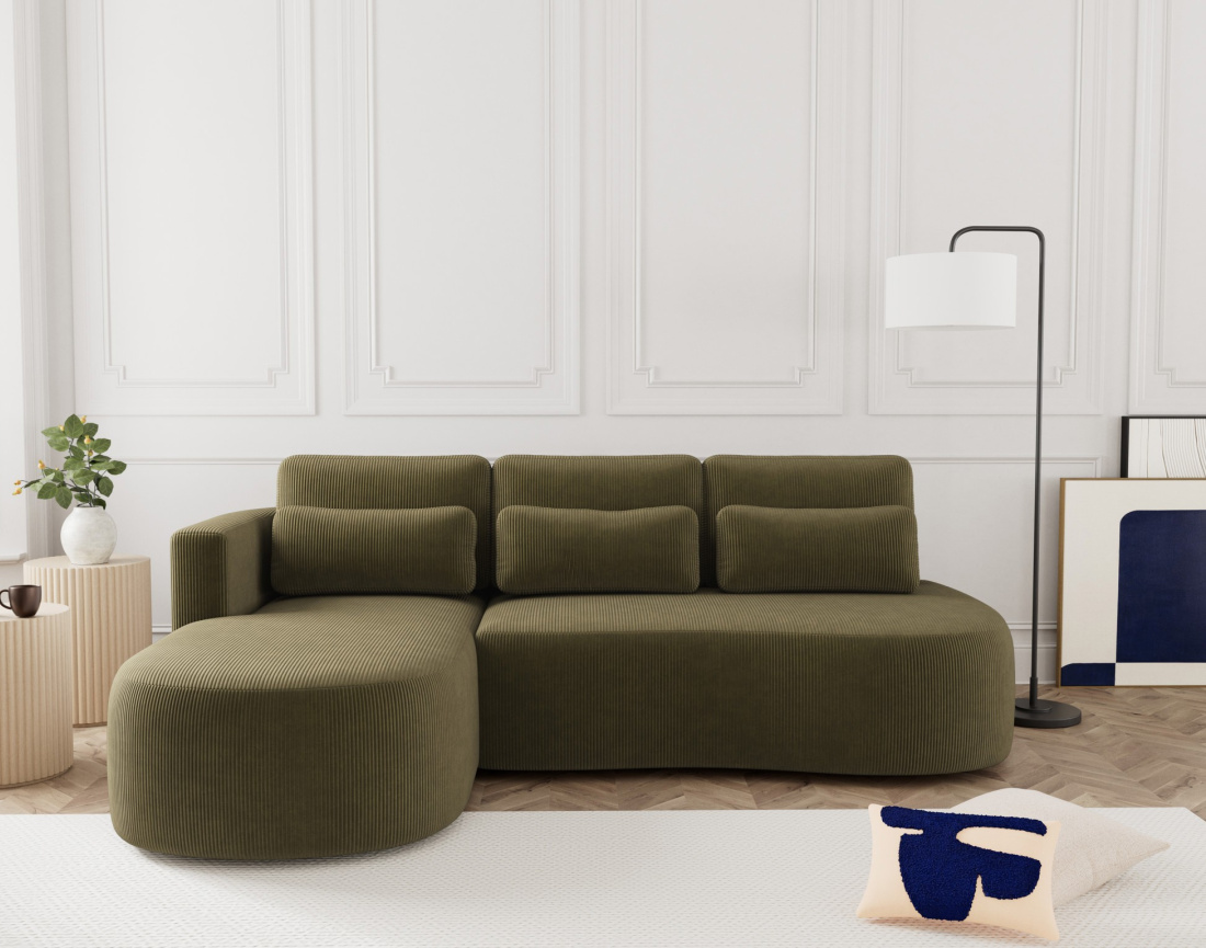 Canapé d'angle gauche 4 places convertible avec coffre en velours côtelé Mahina