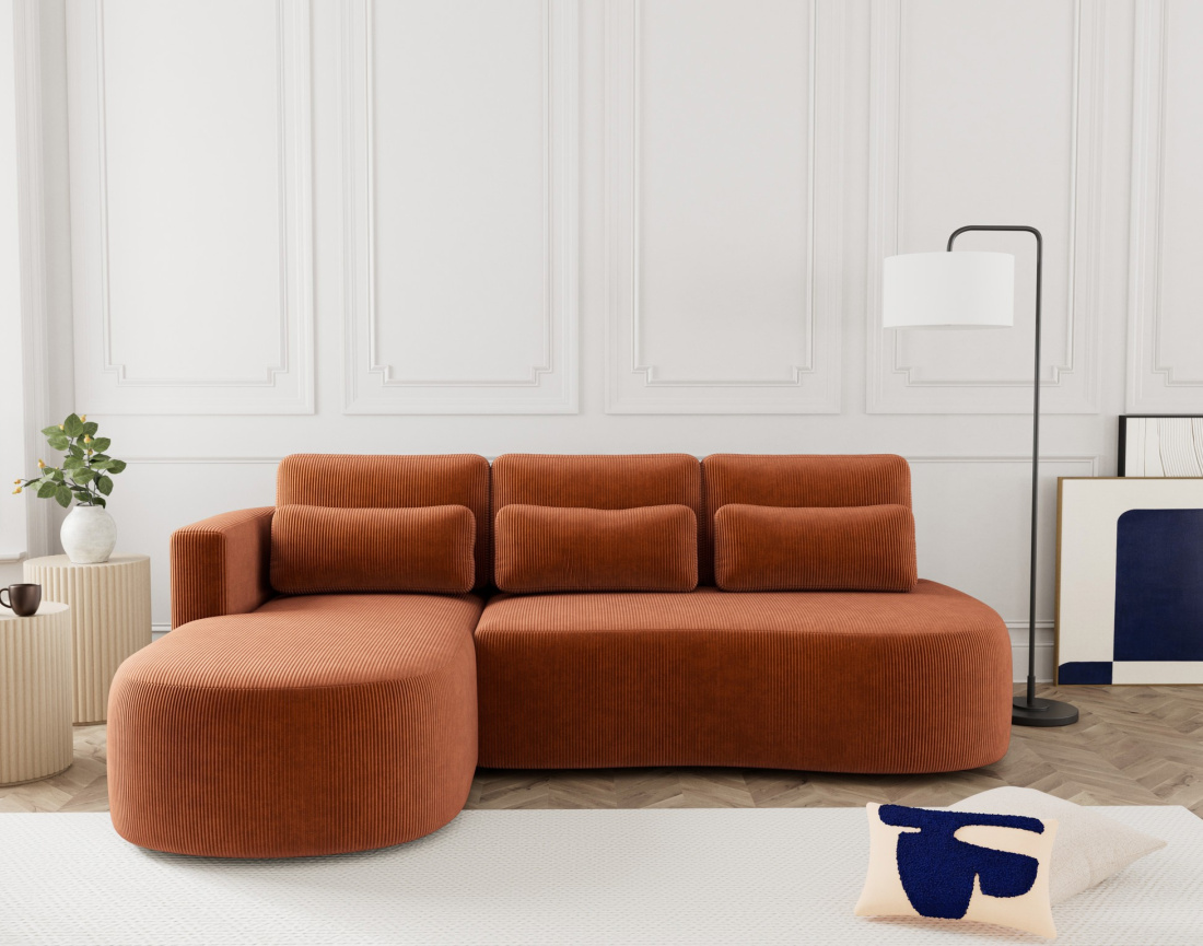Canapé d'angle gauche 4 places convertible avec coffre en velours côtelé Mahina
